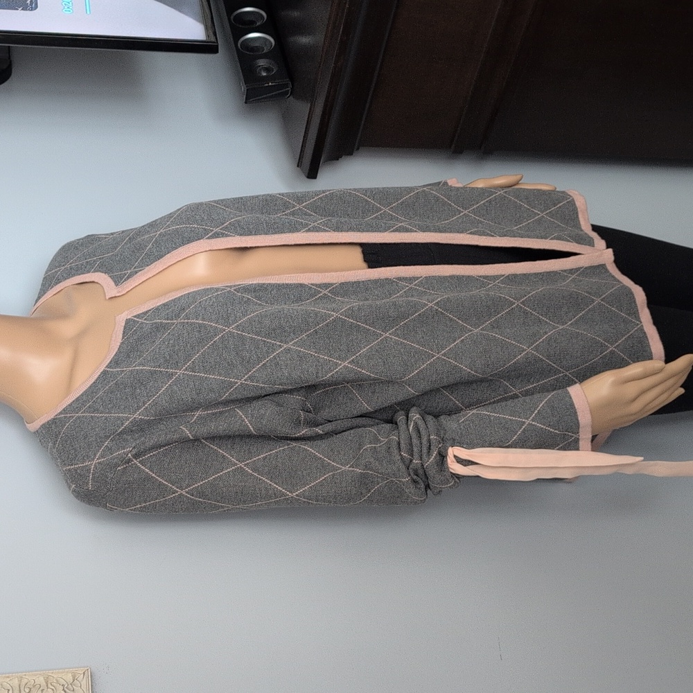 Women's Gray Argyle Open Cardigan with Pink Trim - Picture 3 of 12